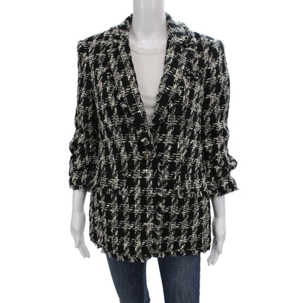 Cinq A Sept Womens Black Plaid Blazer V-Neck Button 3/4 Sleeve Size 6